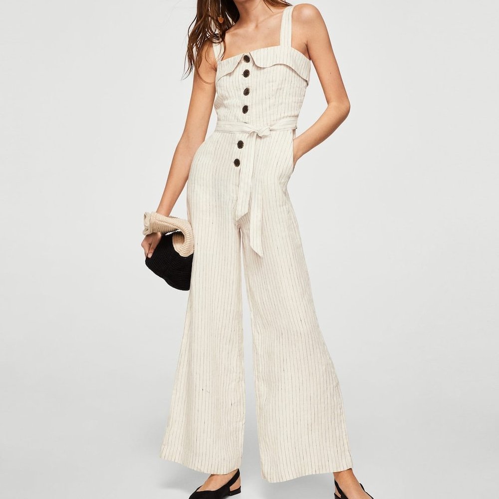 Mango white Linen-blend striped jumpsuit